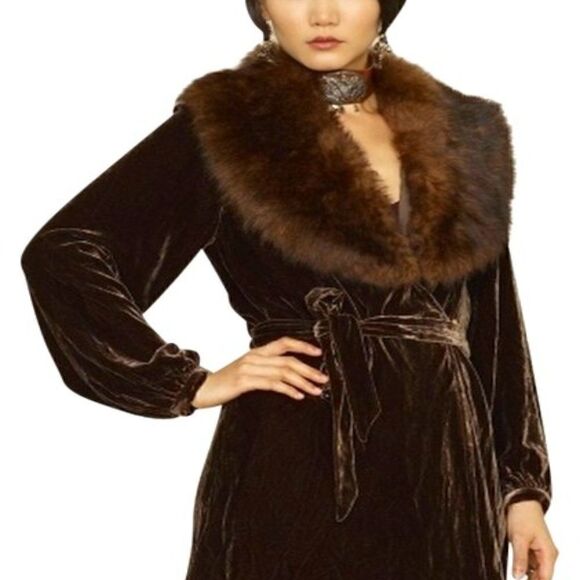 Ralph Lauren ~ Cocoa Brown Carlisle Shearling Collar Crushed Velvet Wrap Blouse - Picture 10 of 16